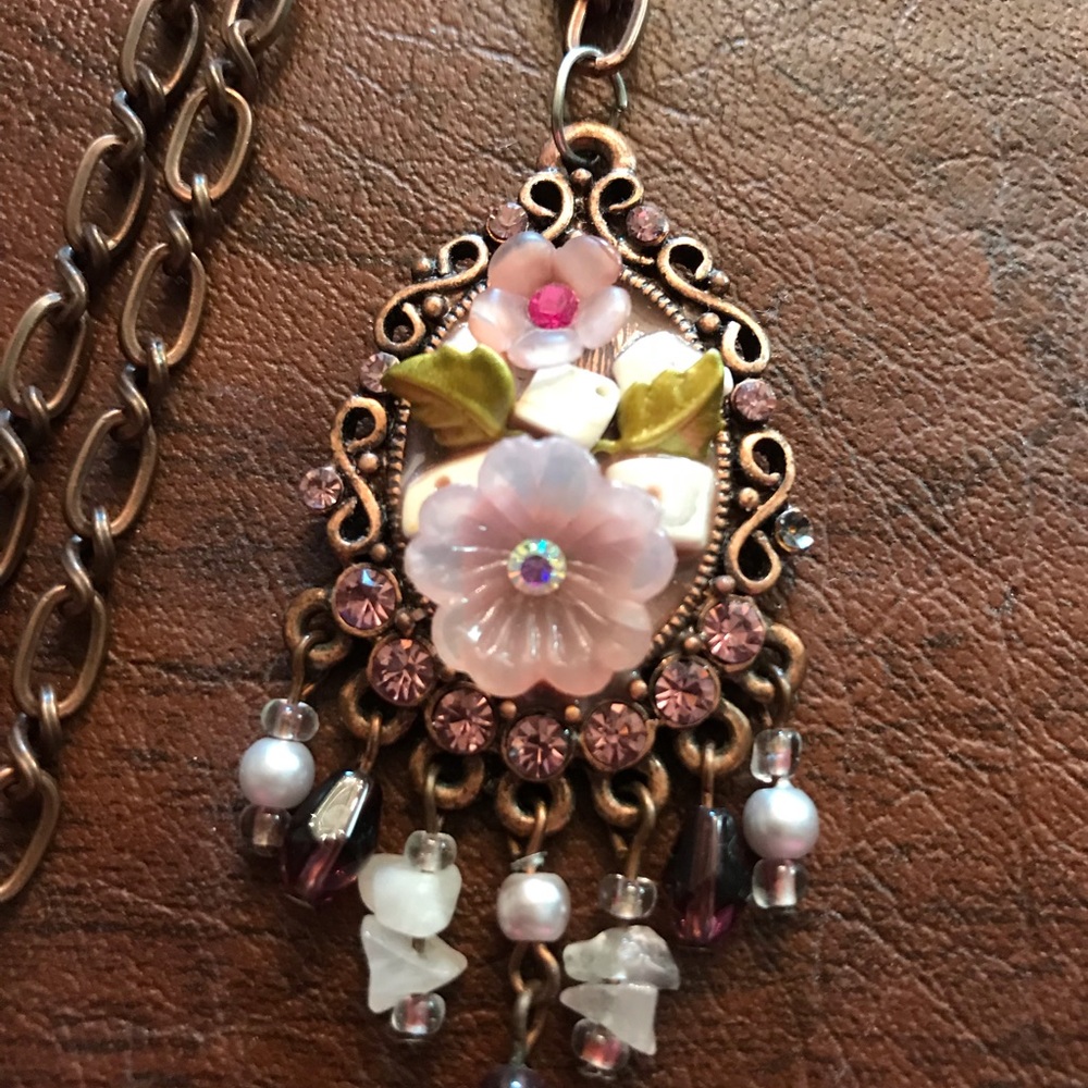 Purple and antiqued rose gold pendant necklace